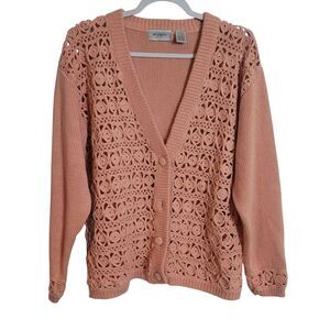 Vintage Words Floral Crochet Knit Cardigan Sweater Women's Size Medium Pink READ